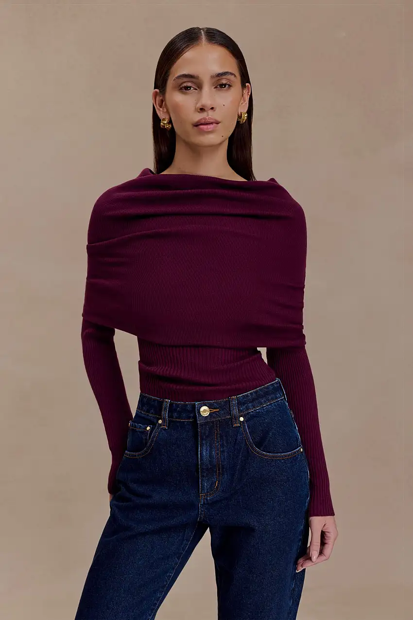 Mazie Asymetrical Cashmere Blend Long Sleeve Knit Top - Plum