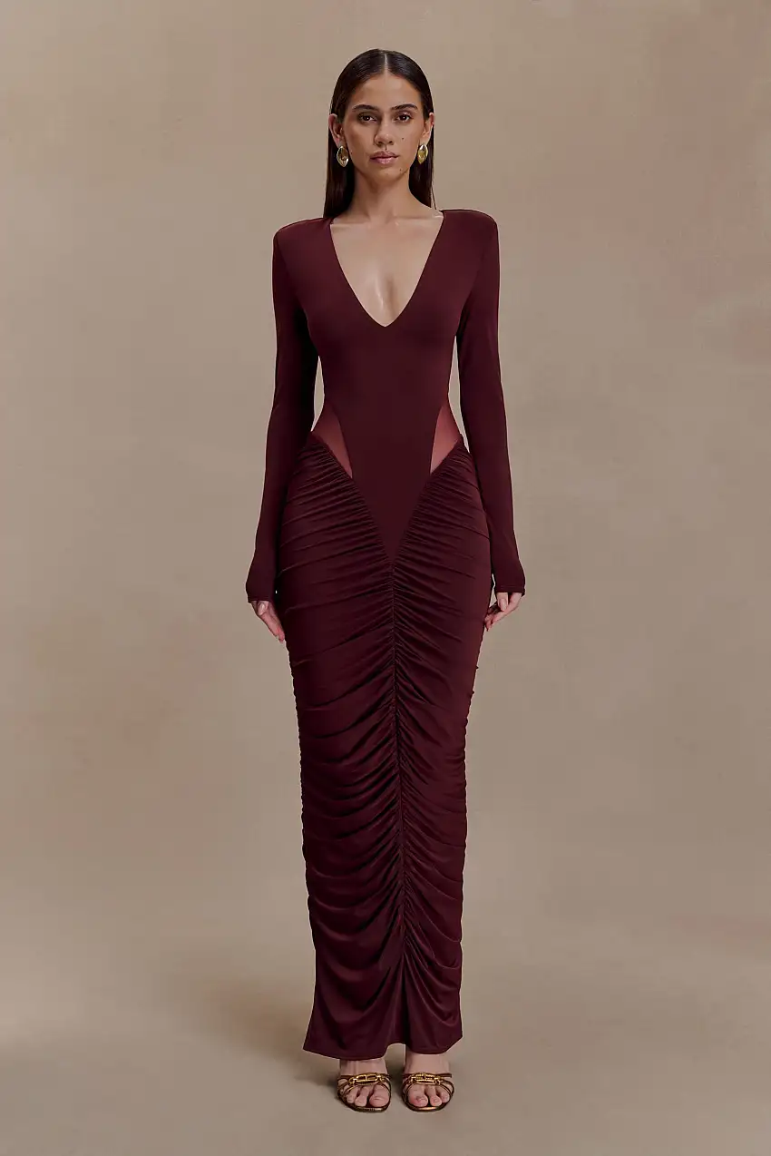 Louanne Slinky Long Sleeve Maxi Dress - Burgundy