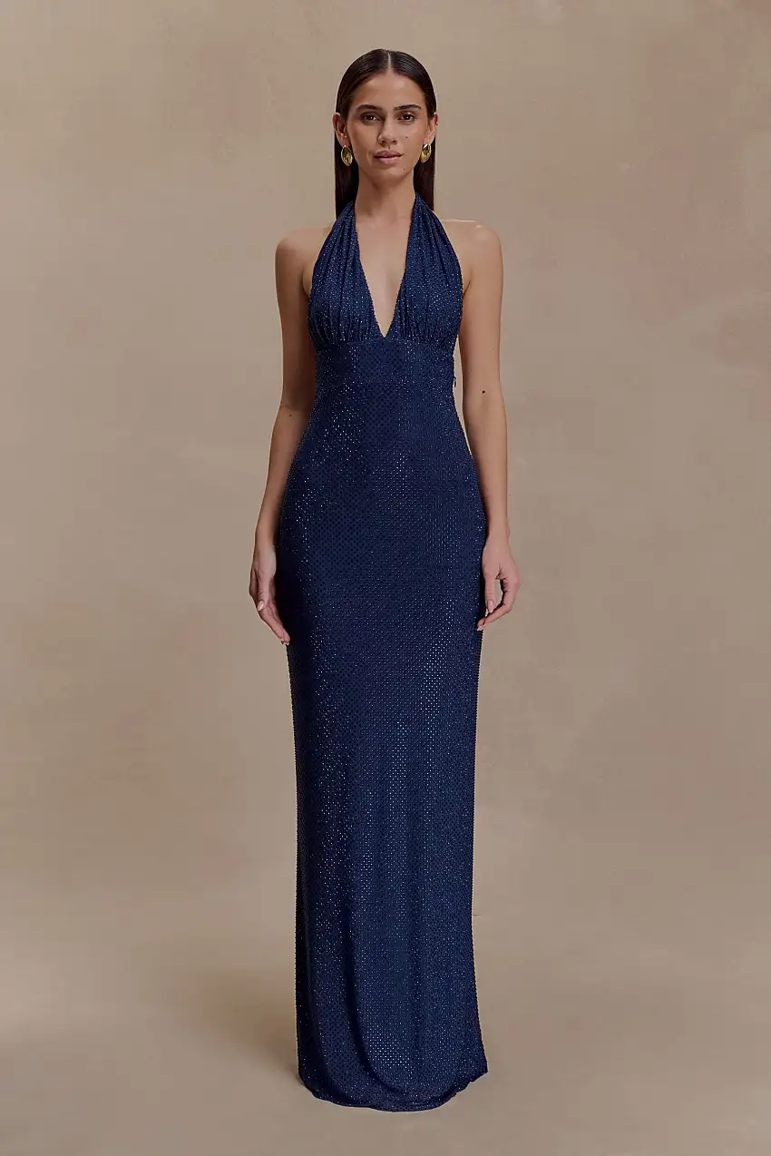 Harriet Halter Neck Diamante Maxi Dress - Navy