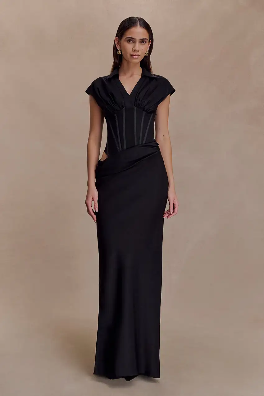 Saphira Shirt Corset Maxi Dress - Black