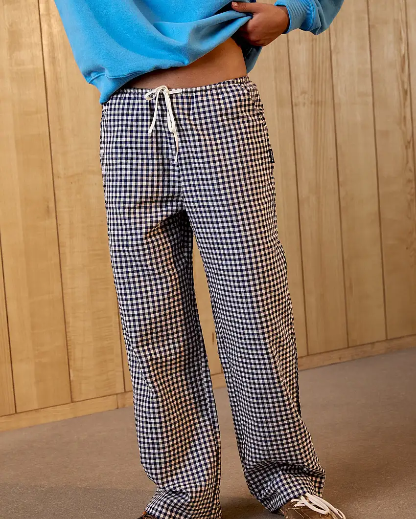 Gingham Drawstring Pants - Navy Blue/White