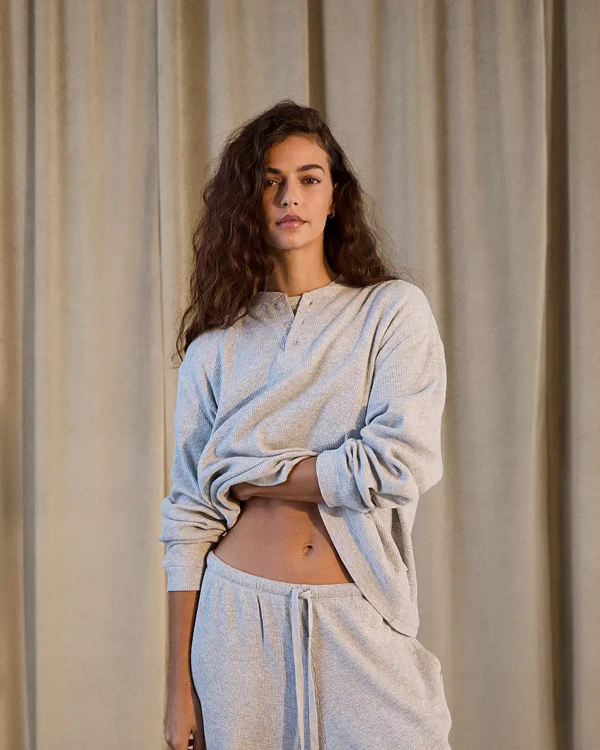 Waffle Henley Long Sleeve T-shirt - Light Grey Melange