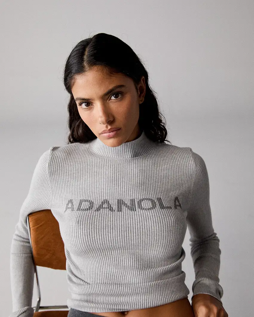 Branded Rib Knit Mock Neck Top - Light Grey Melange