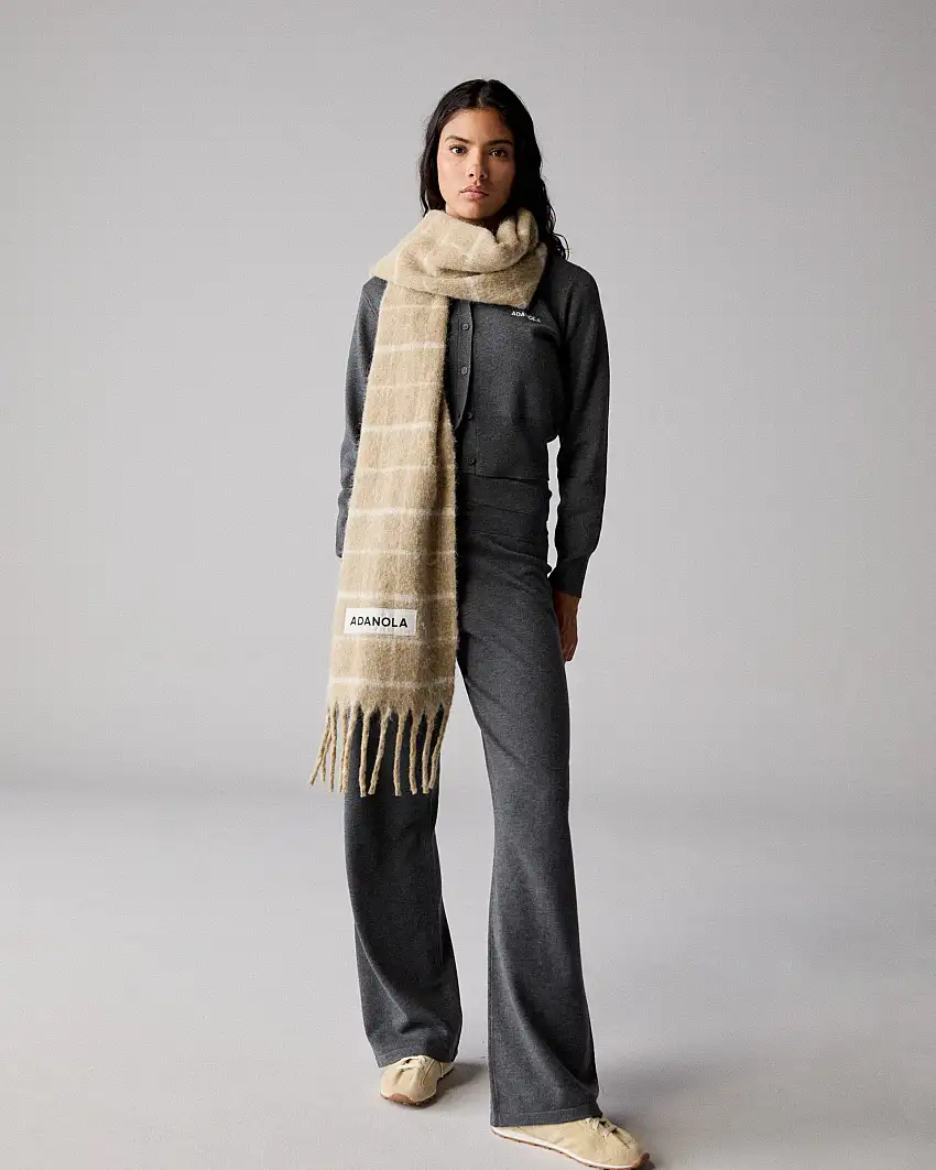 Wool Blend Brushed Checked Scarf - Stone/Marshmallow White