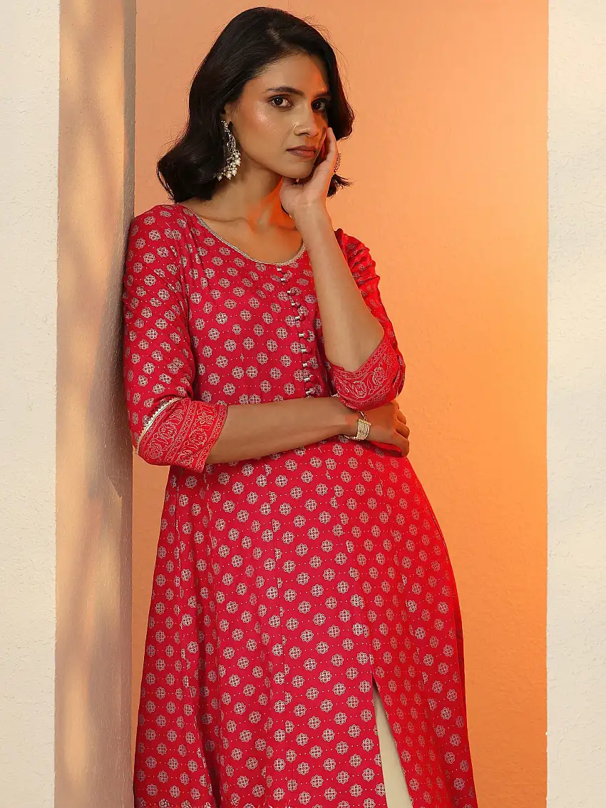 Red Printed Rayon A-Line Kurta