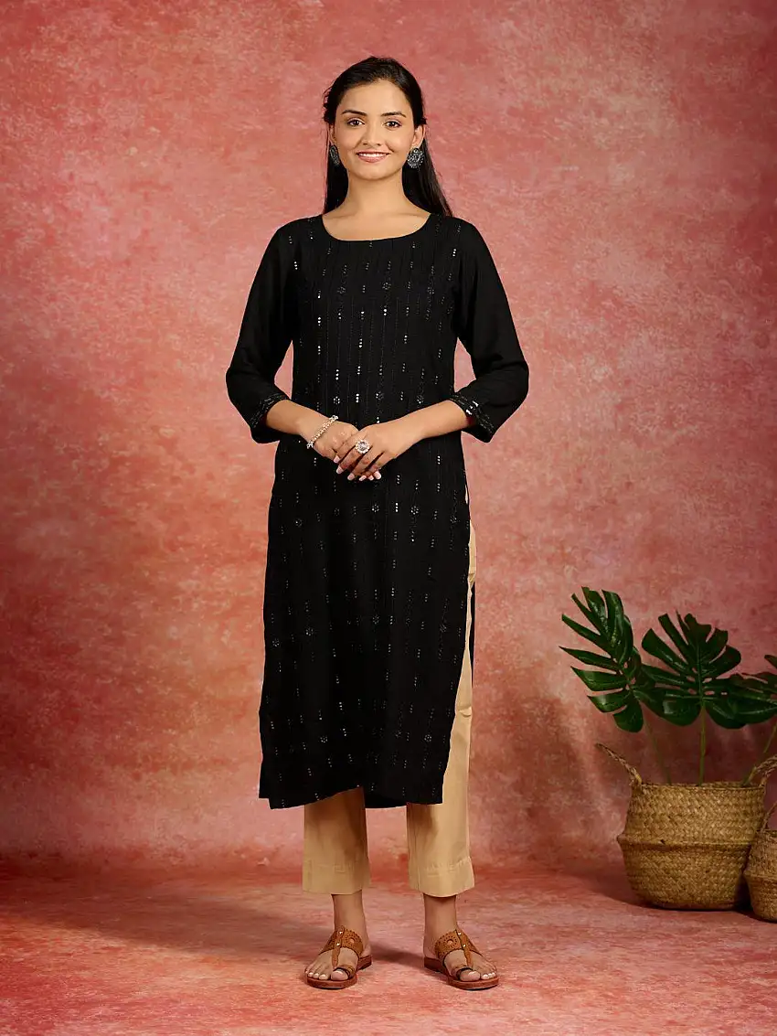 Black Embroidered Rayon Straight Kurta