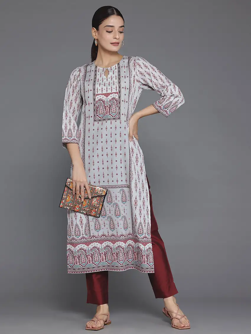 Beige Printed Crepe Straight Kurta