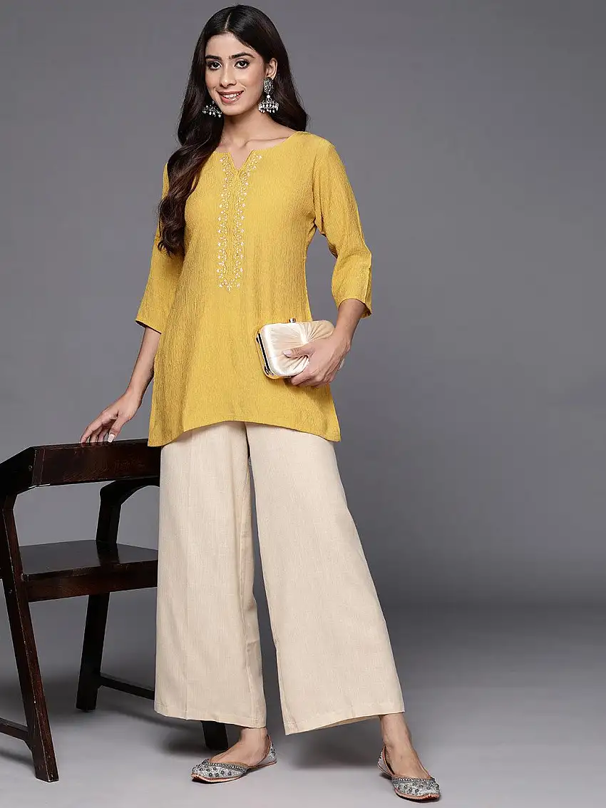 Yellow Yoke Design Cotton Blend Straight Kurti