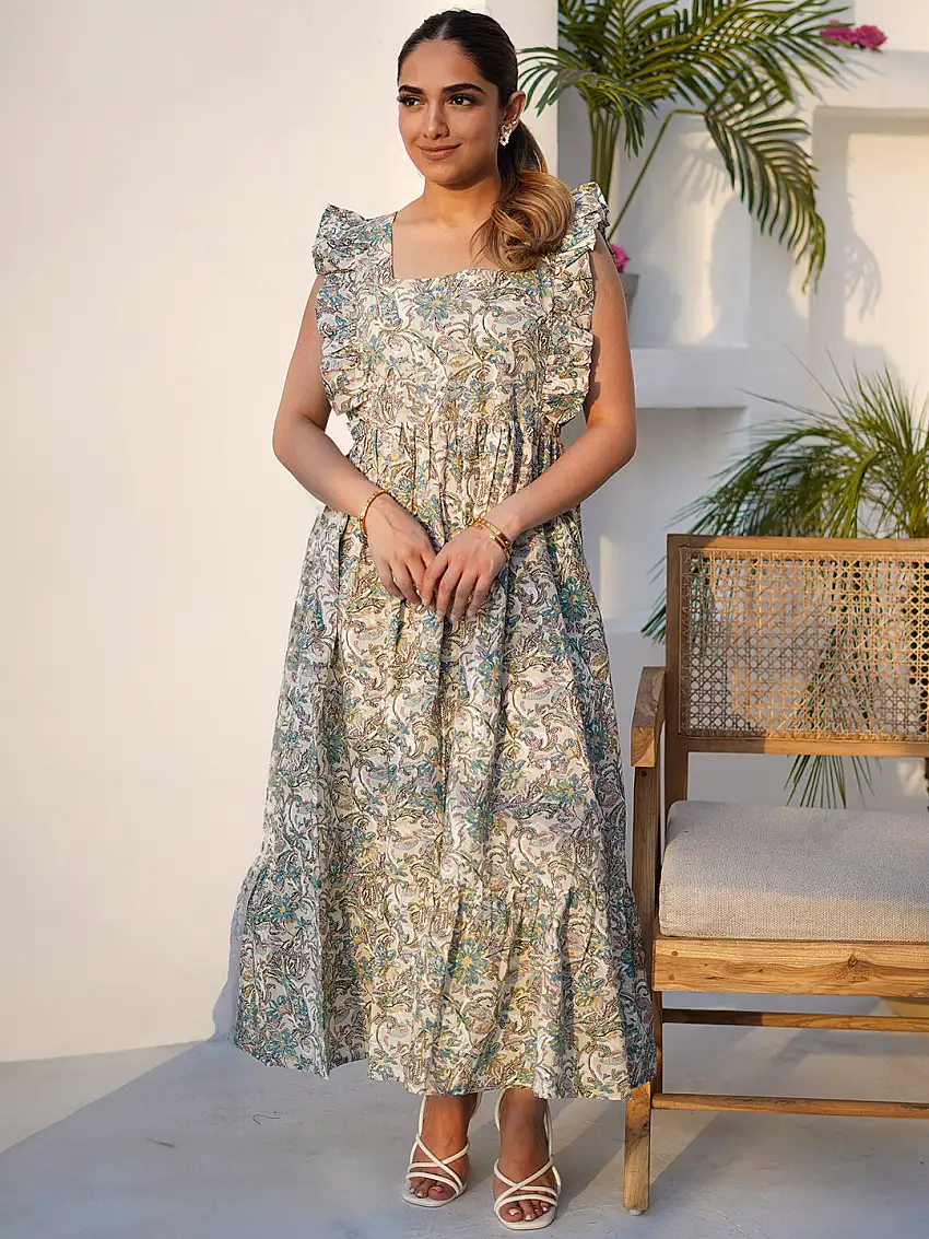 White Printed Cotton Fit and Flare Dress