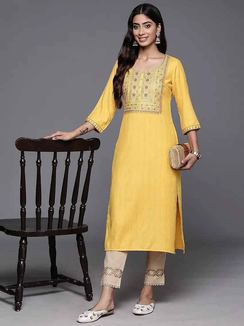 Yellow Yoke Design Rayon Straight Kurta