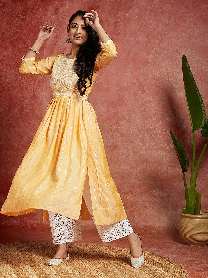 Yellow Yoke Design Silk A-Line Kurta
