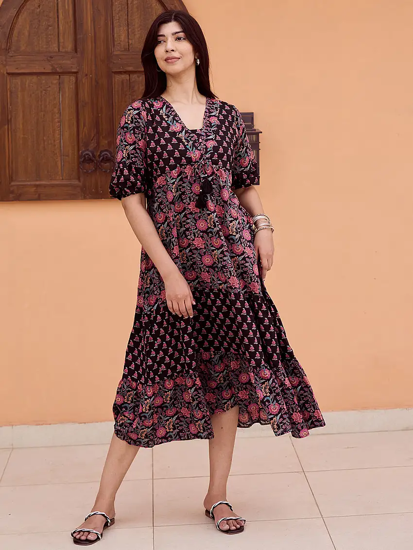 Black Printed Cotton A-Line Dress