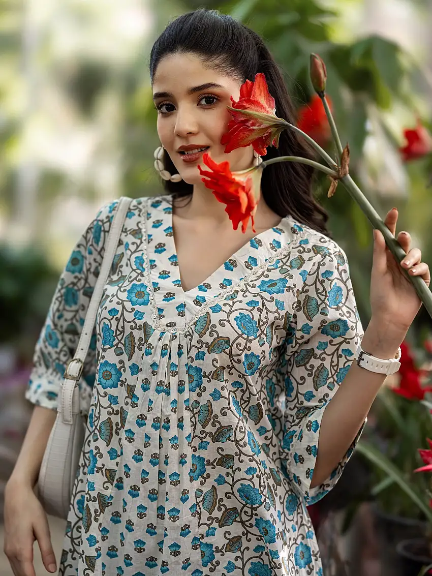 Blue Printed Cotton A-Line Dress