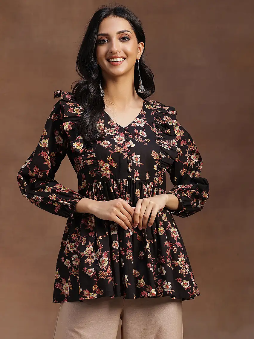 Black Printed Cotton A-line Kurti