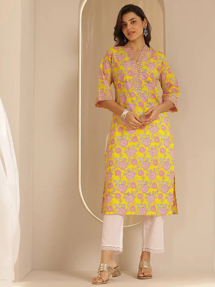 Yellow Printed Cotton Straight Kurta