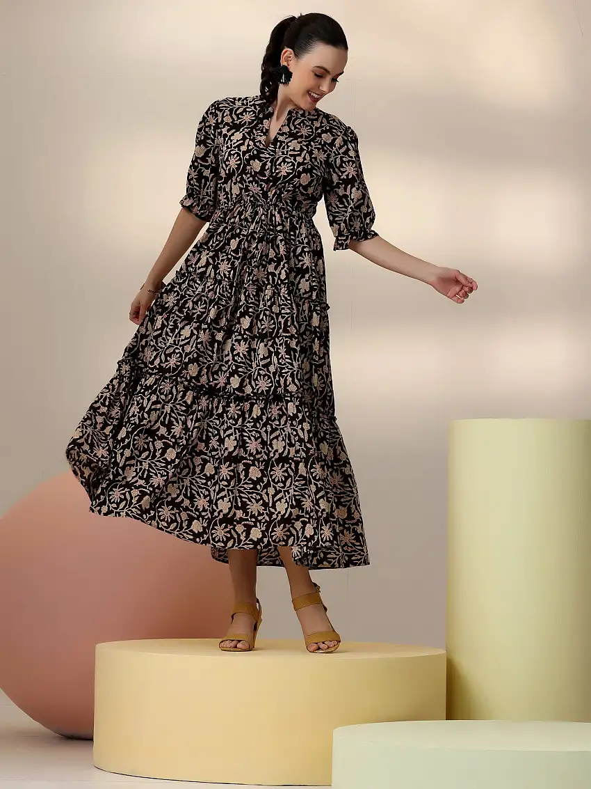 Black Printed Cotton Fit and Flare Dress