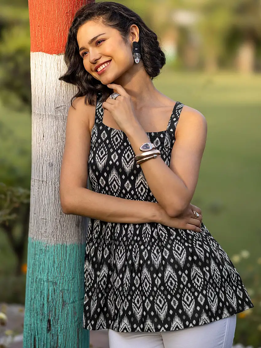 Black Printed Cotton Anarkali Short Kurti