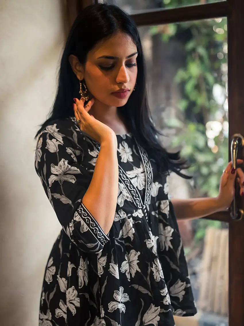 Black Printed Cotton Anarkali Short Kurti