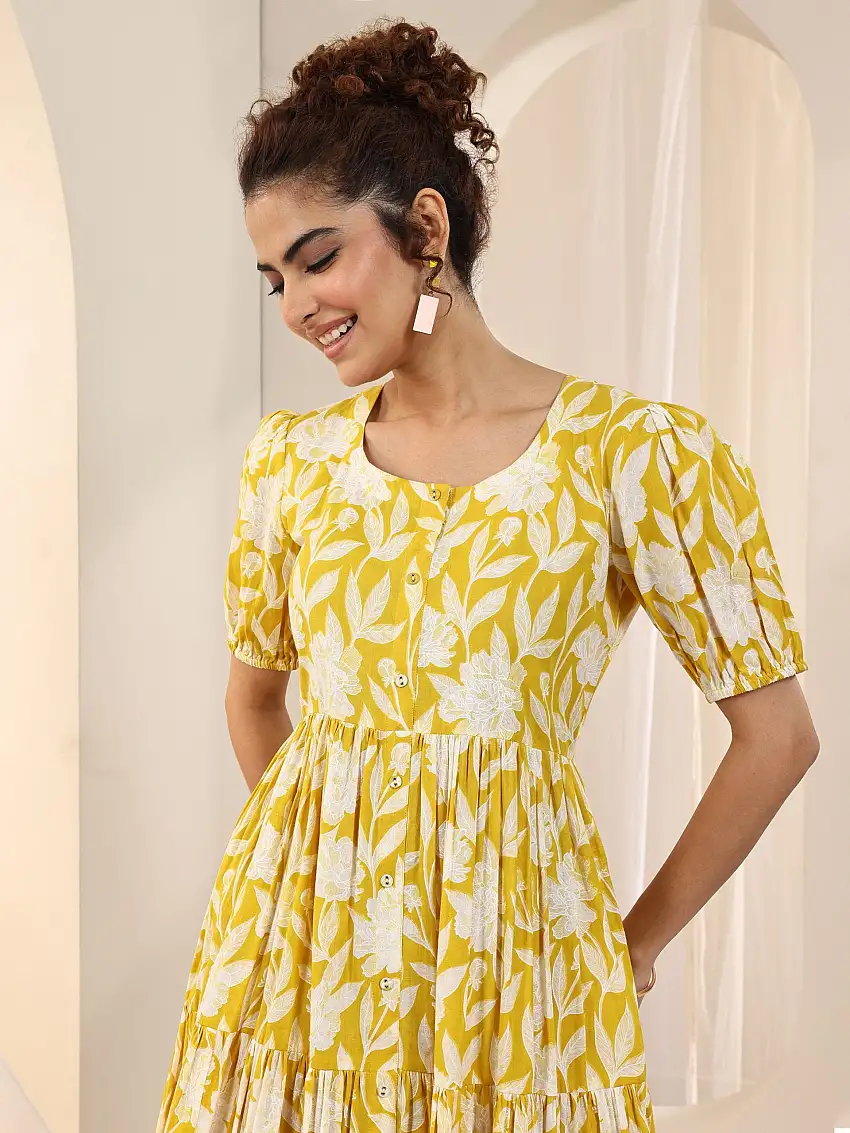 Yellow Printed Cotton Fit and Flare One Piece Dress