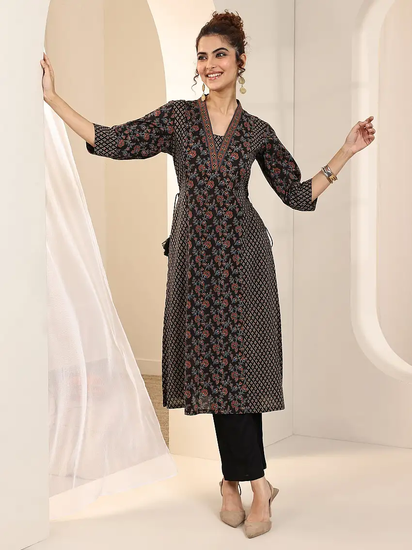Black Printed Cotton Straight Kurta