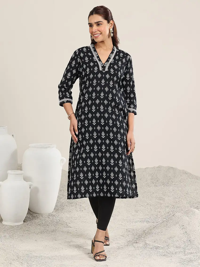 Black Printed Cotton Straight Kurta