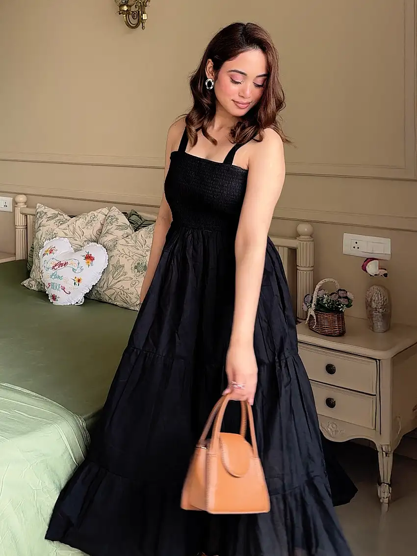 Black Solid Cotton Tiered Fit and Flare One Piece Dress