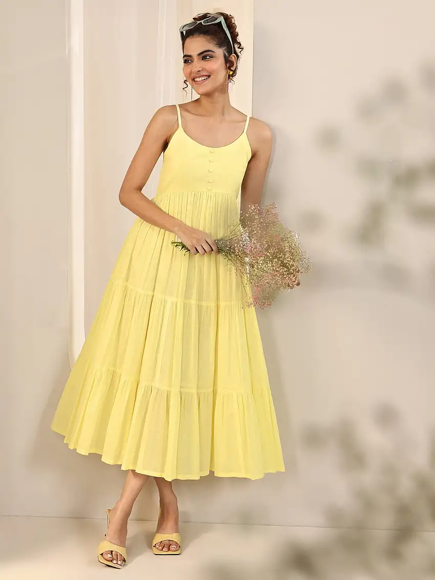 Yellow Solid Cotton Fit and Flare One Piece Dress