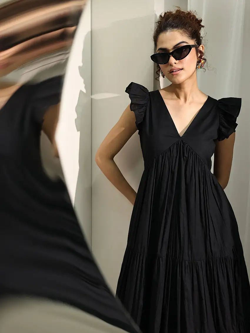 Black Solid Cotton Fit and Flare One Piece Dress