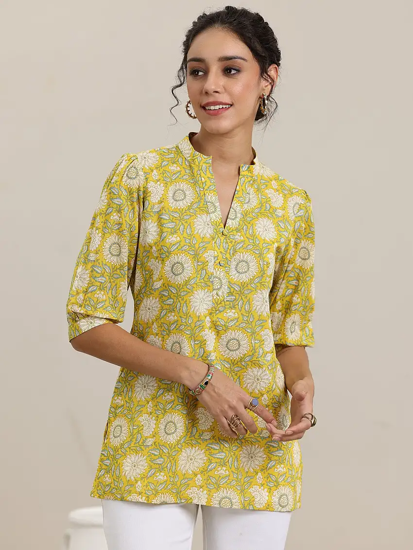 Yellow Printed Cotton Straight Short Kurti