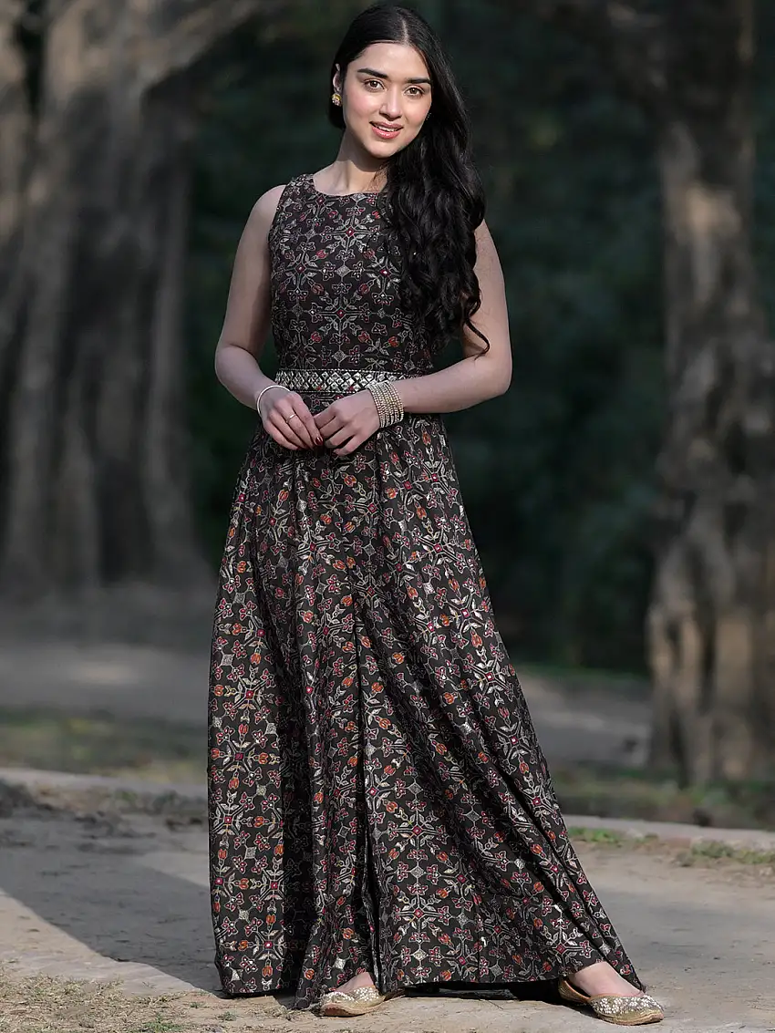 Blue Printed Silk Blend Jumpsuit With Belt