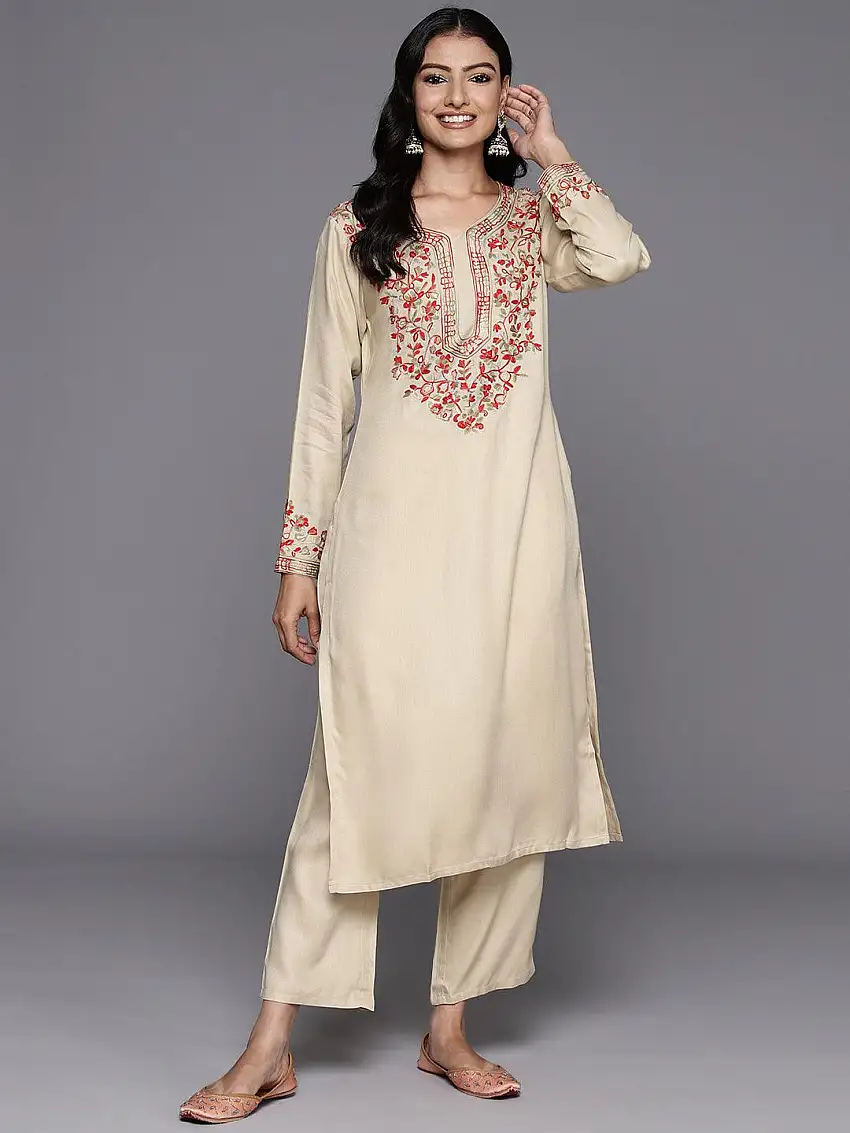 Beige Yoke Design Wool Blend Straight Kurta Set