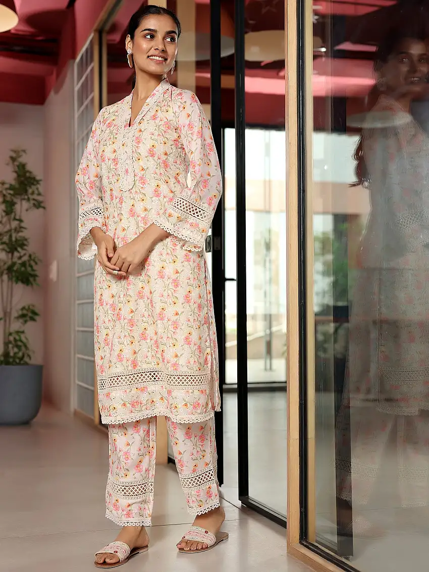 Beige Printed Cotton A-Line Kurta With Palazzos