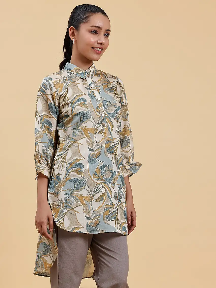 Beige Printed Silk Blend A-Line Kurti