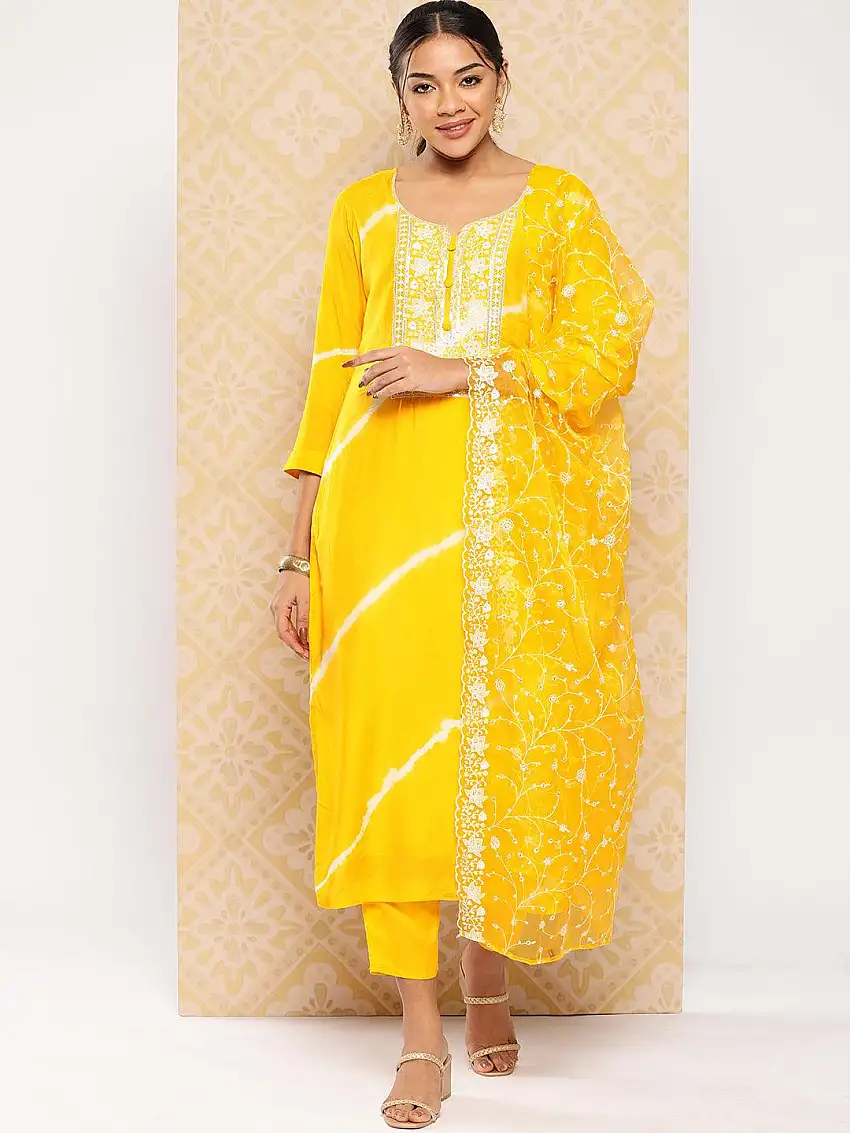 Yellow Yoke Design Silk Blend Kurta With Trousers & Dupatta