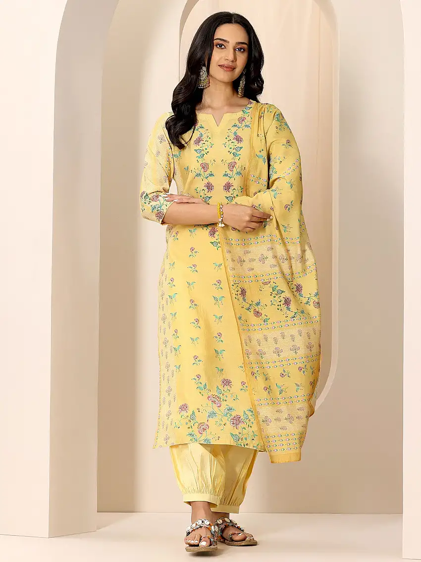 Yellow Printed Silk Blend Straight Suit Set With Dupatta