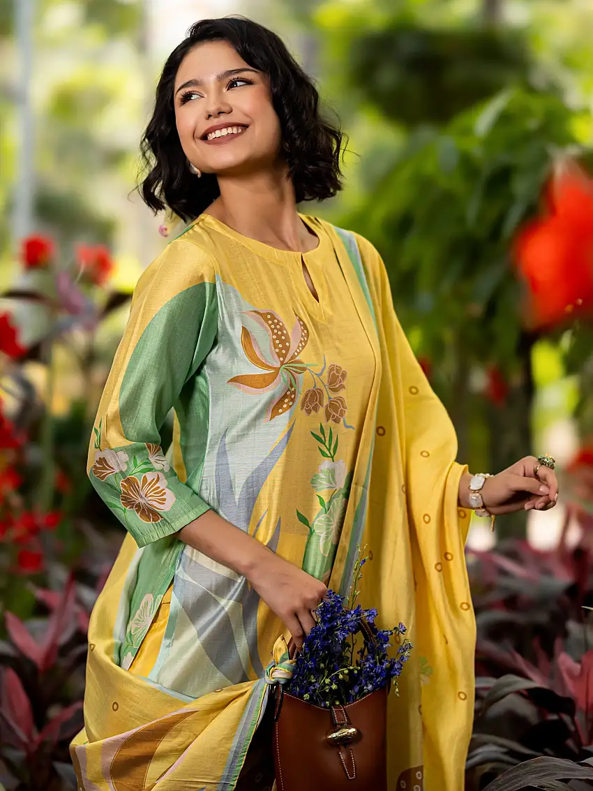 Yellow Printed Silk Blend Straight Suit Set With Dupatta