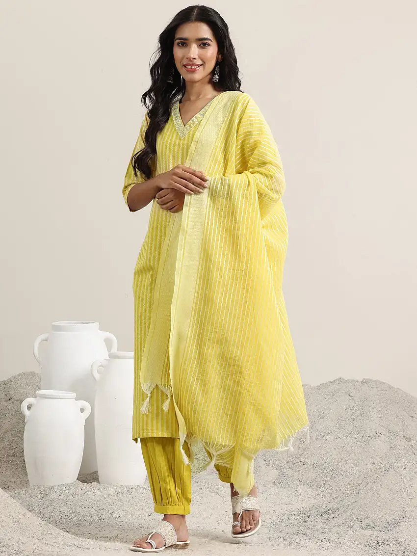 Yellow Woven Design Cotton Straight Suit With Dupatta