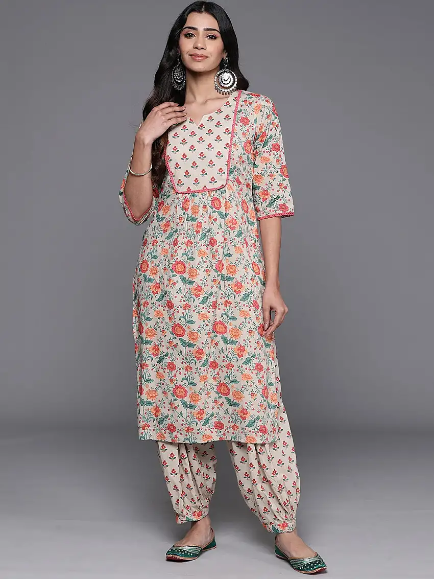 Beige Printed Cotton Straight Kurta Set