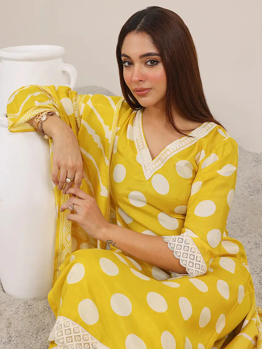 Yellow Printed Silk Blend Straight Suit Set WIth Dupatta