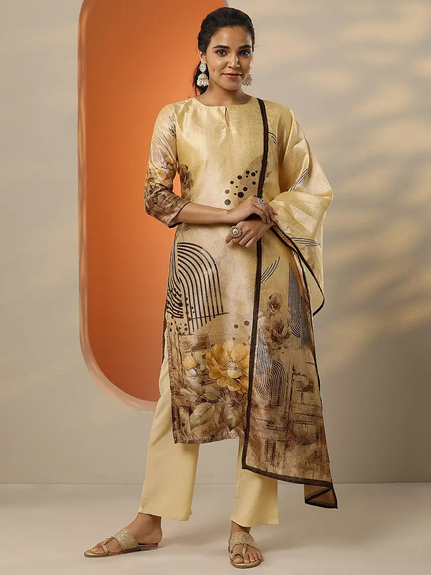 Beige Printed Silk Blend Straight Suit Set With Dupatta