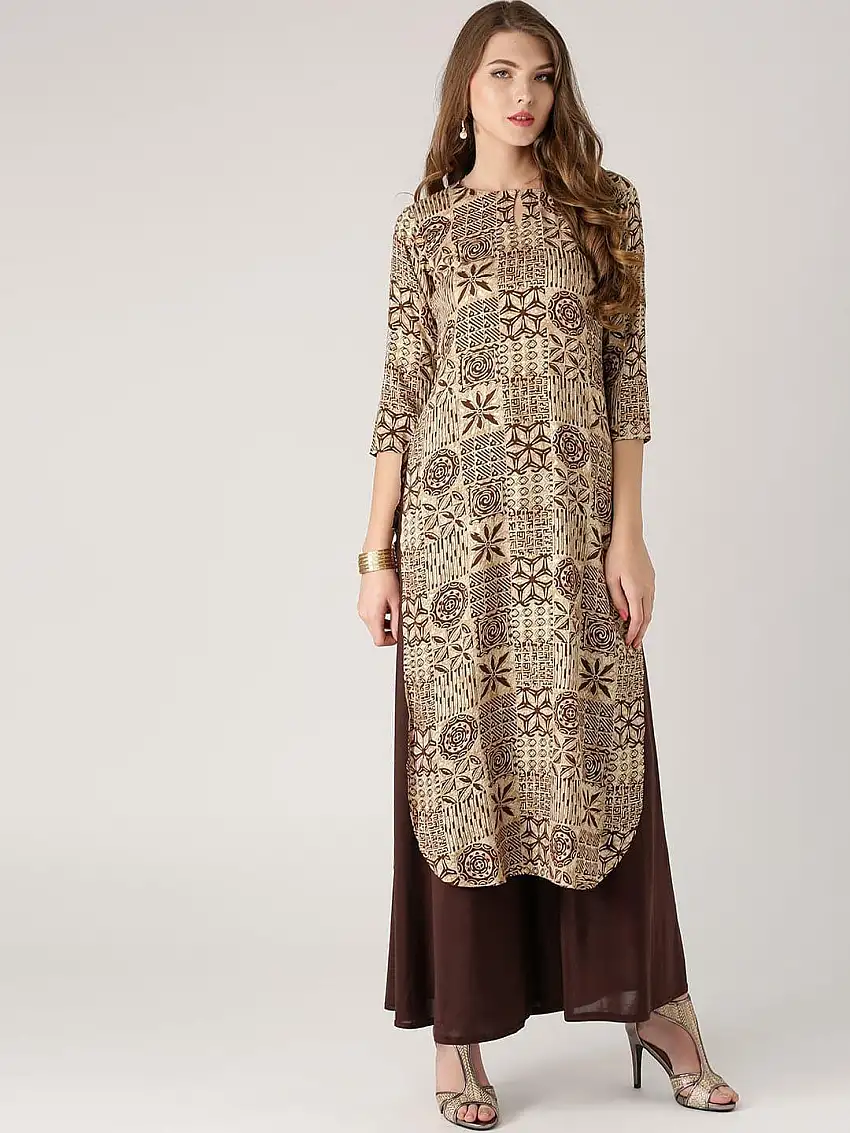 Beige Printed Rayon Kurta