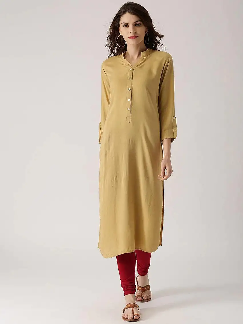 Beige Solid Rayon Kurta