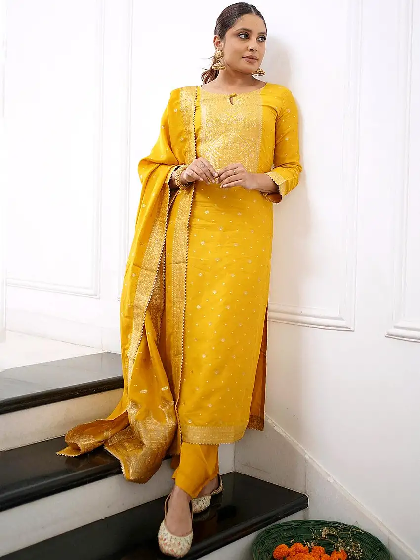 Yellow Woven Design Silk Straight Suit With Dupatta