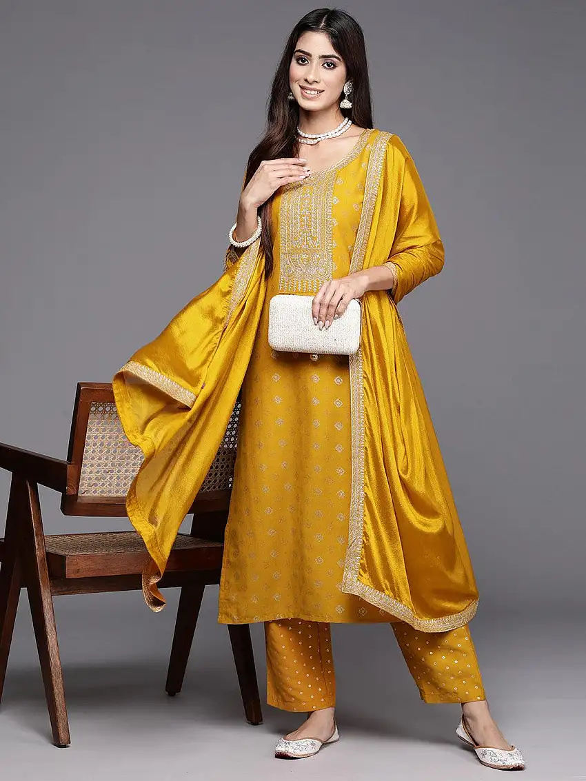 Yellow Woven Design Silk Blend Straight Suit With Dupatta