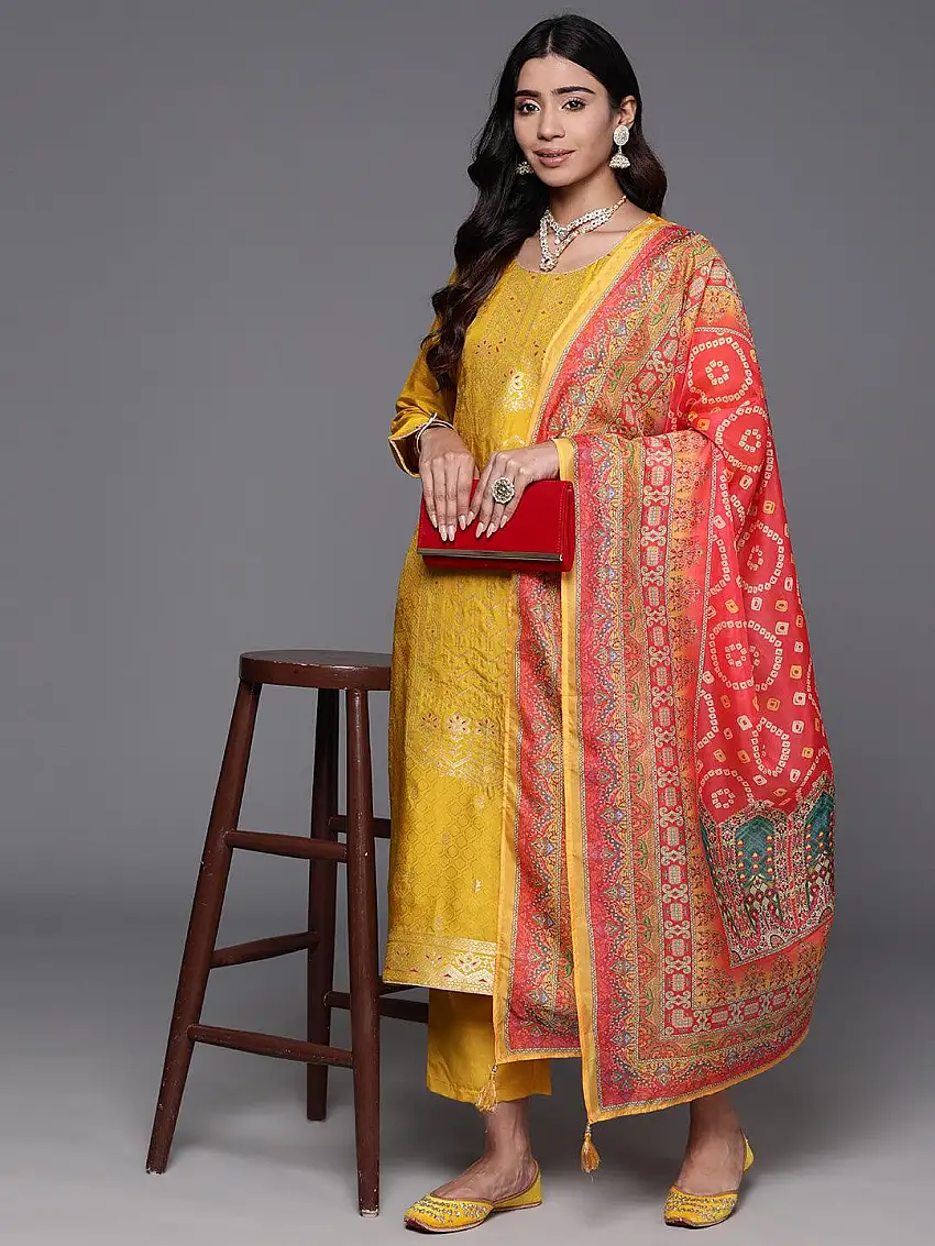 Yellow Woven Design Silk Blend Straight Suit With Dupatta