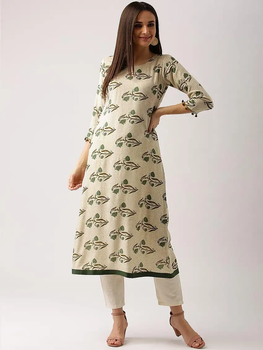 Beige Printed Rayon Kurta