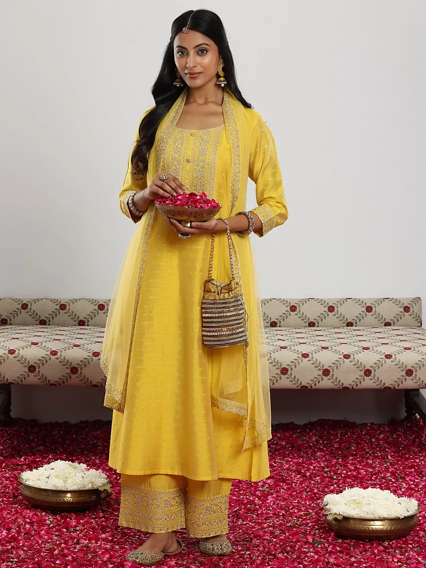 Yellow Woven Design Chanderi Silk A-Line Kurta With Trousers & Dupatta