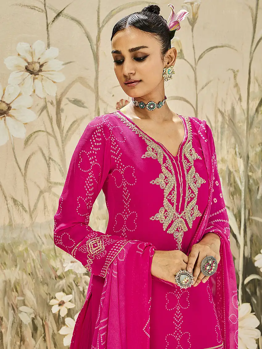 Gulrez Libas Art Pink Printed Georgette Straight Suit Set With Dupatta