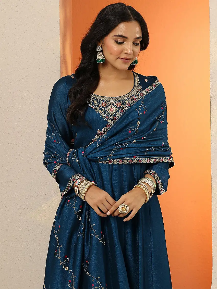 Navy Blue Yoke Design Silk Blend Anarkali Suit Set With Dupatta