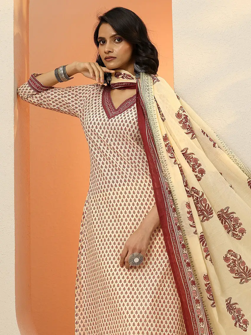 Beige Printed Cotton Blend  Straight Suit Set With Dupatta